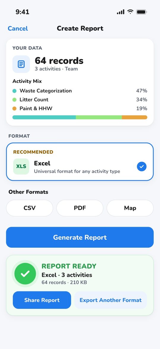 The app's report screen: 64 records from 3 activities, ready to export as Excel, CSV, PDF or a map.